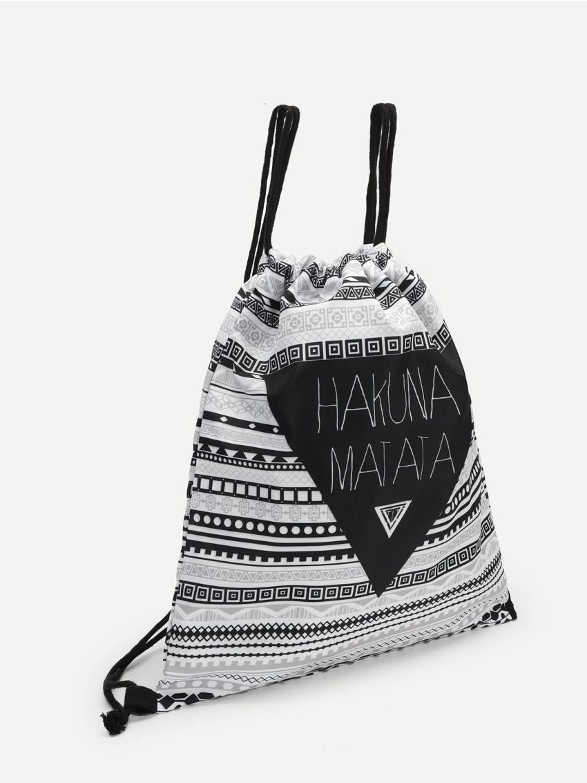 Geometric and Letter Print Drawstring Backpack