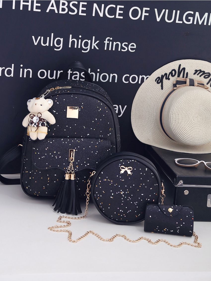 Tassel Decor Glitter Backpack With Card Case 3pcs