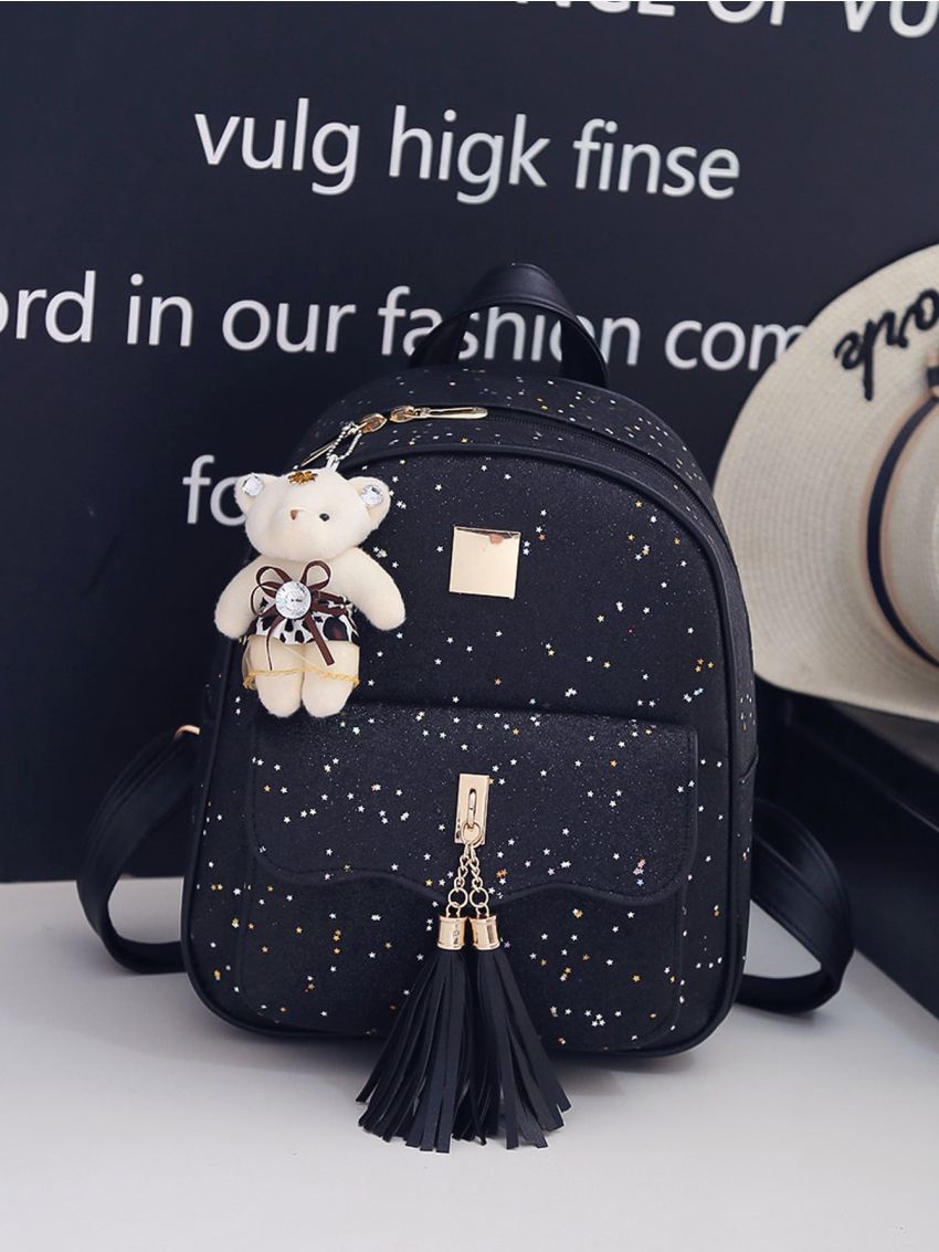 Tassel Decor Glitter Backpack With Card Case 3pcs
