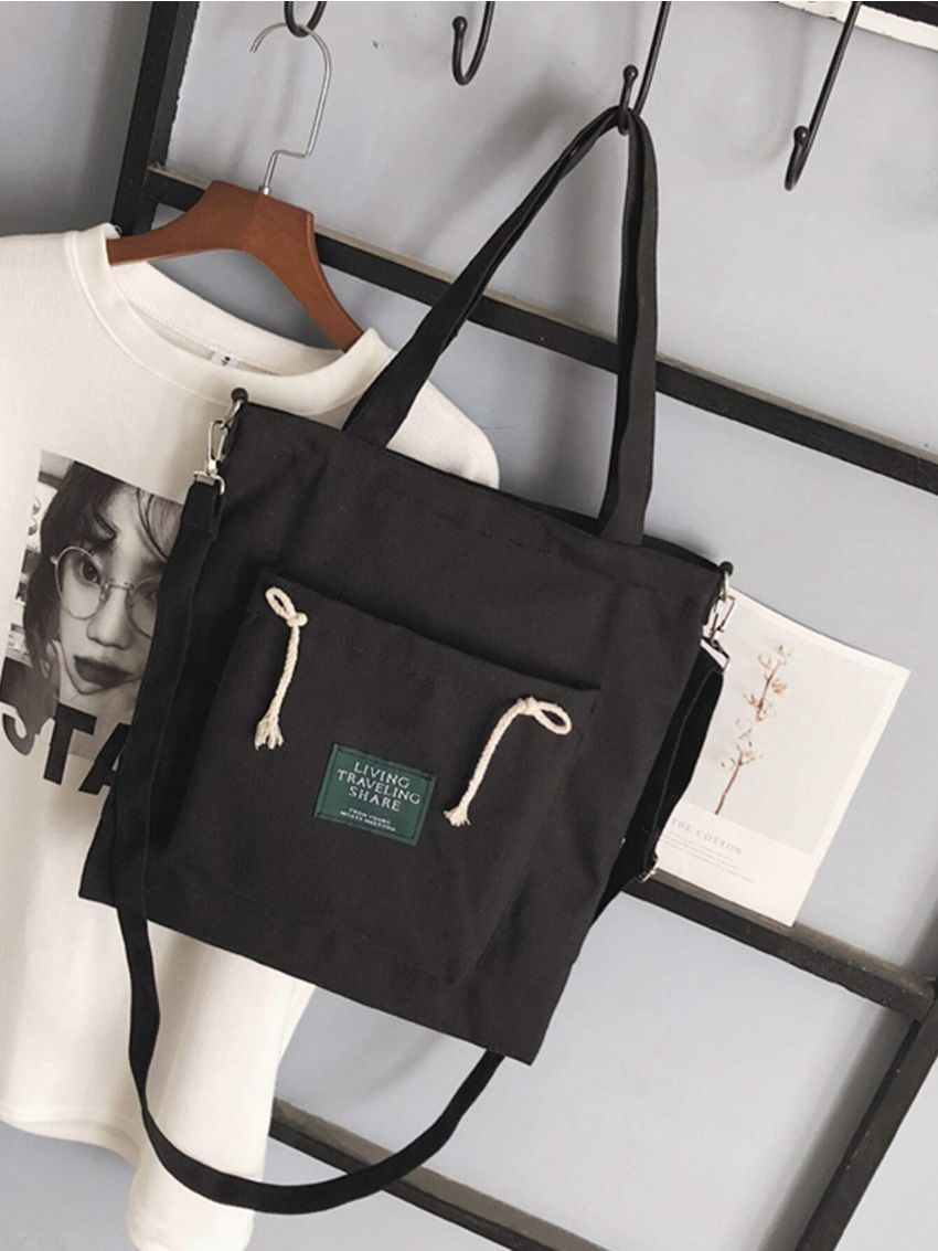 Slogan Patch Decor Canvas Shopper Bag