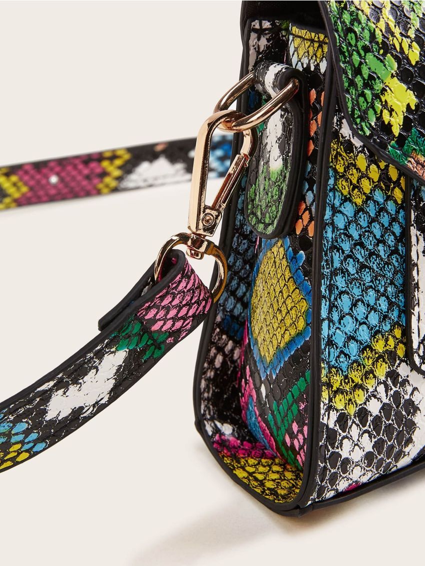 Mini Snakeskin Print Flap Satchel Bag