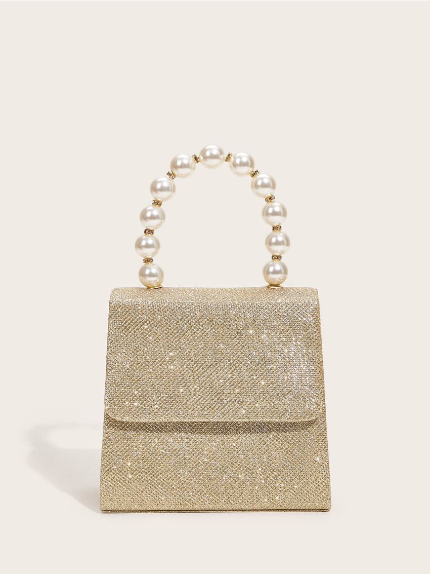 Mini Pearl Decor Glitter Flap Evening Bag