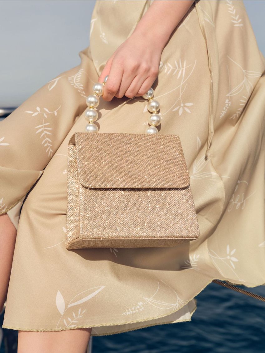 Mini Pearl Decor Glitter Flap Evening Bag