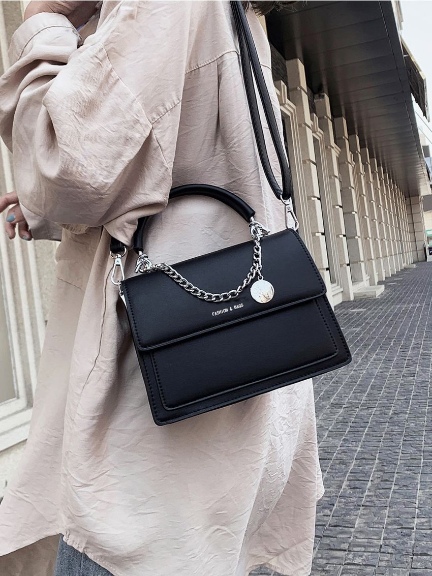 Letter Graphic Flap Satchel Bag