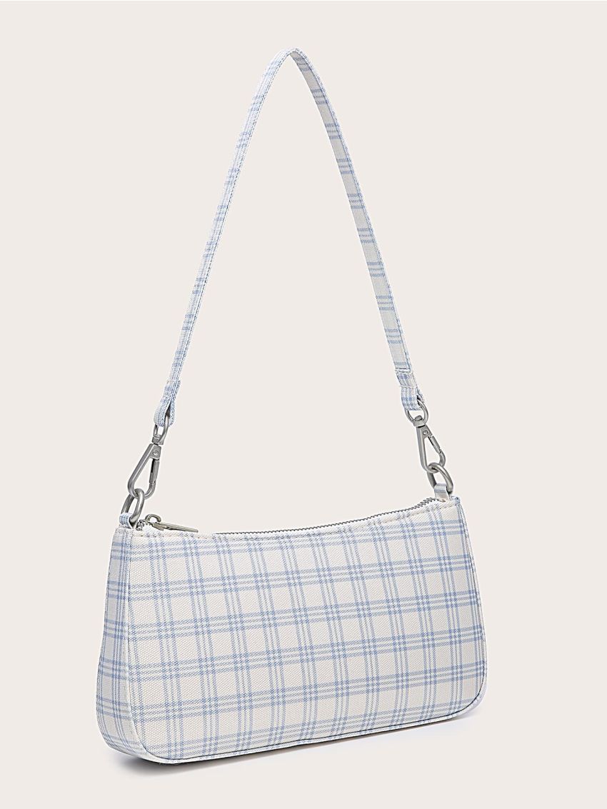 Plaid Zip Up Baguette Bag