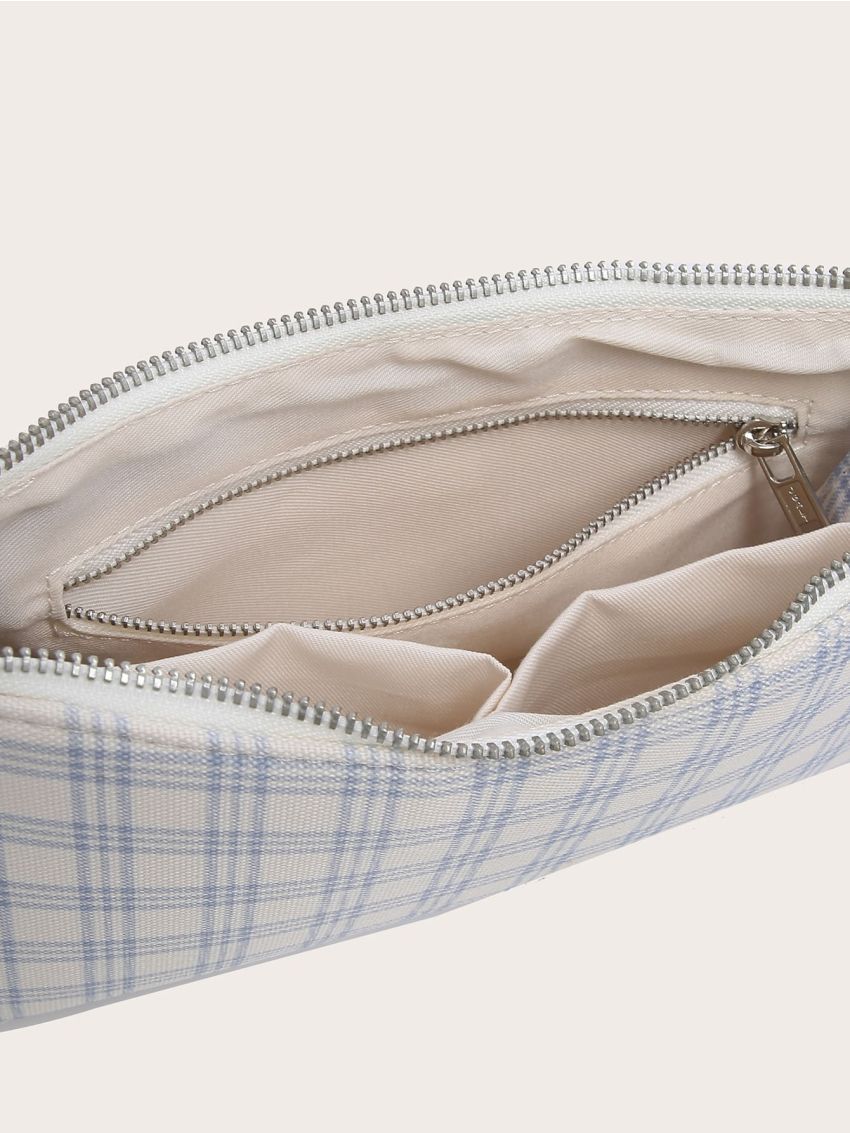 Plaid Zip Up Baguette Bag