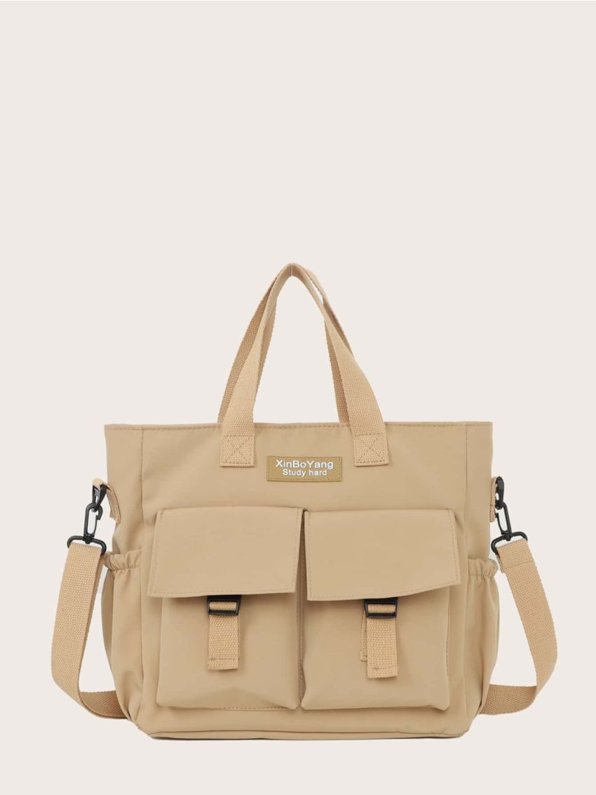 Letter Patch Double Pocket Front Tote Bag