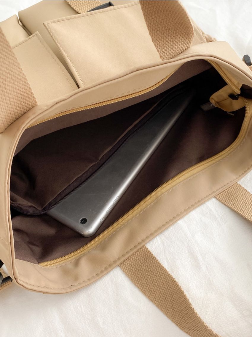 Letter Patch Double Pocket Front Tote Bag