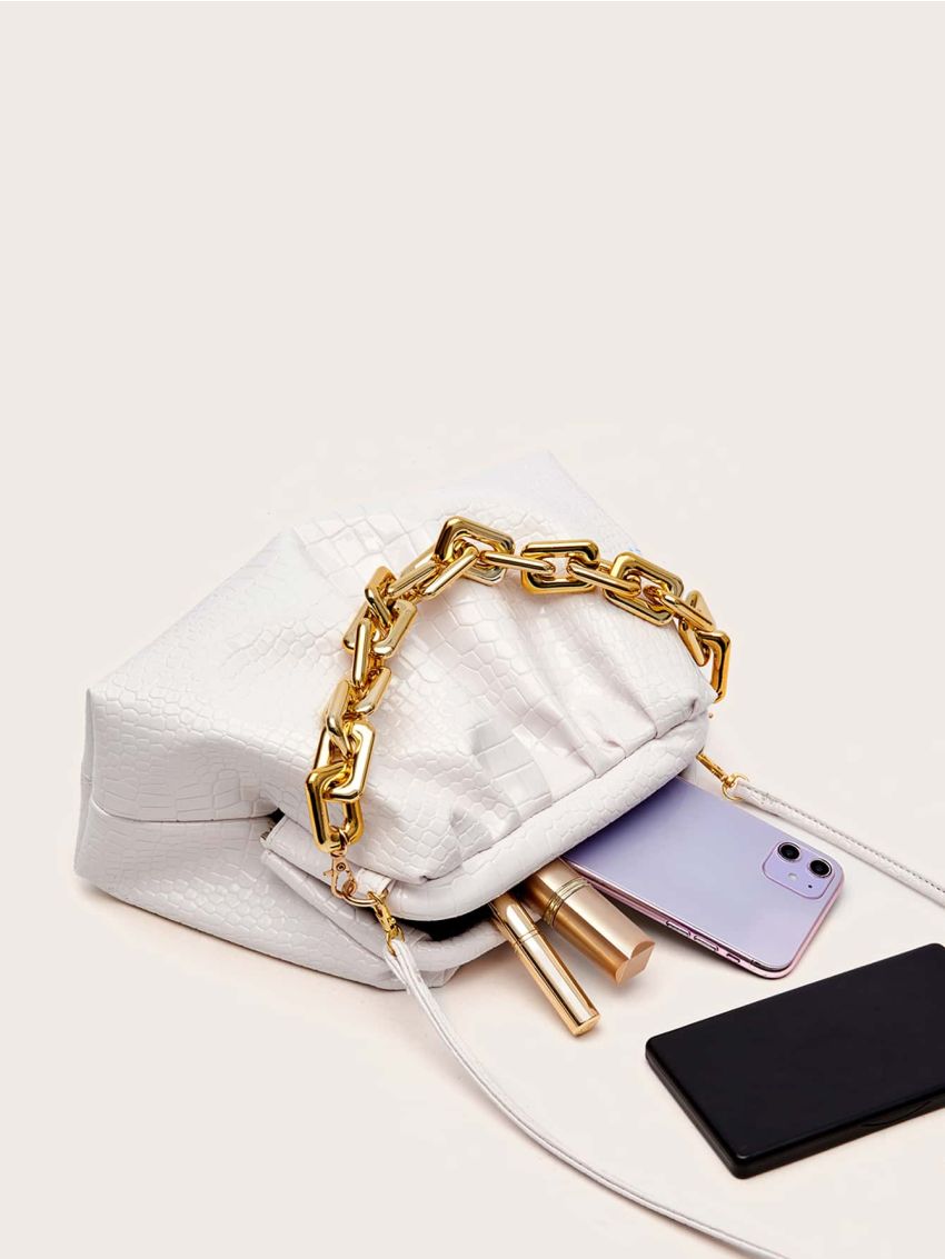 Chain Handle Croc Embossed Ruched Bag