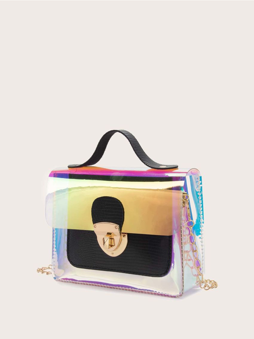 Twist Lock Holographic Flap Chain Satchel Bag