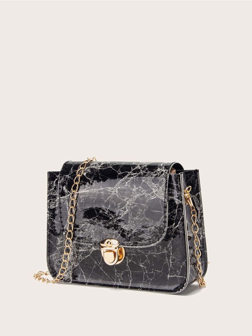 Marble Pattern Push Lock Chain Crossbody Bag