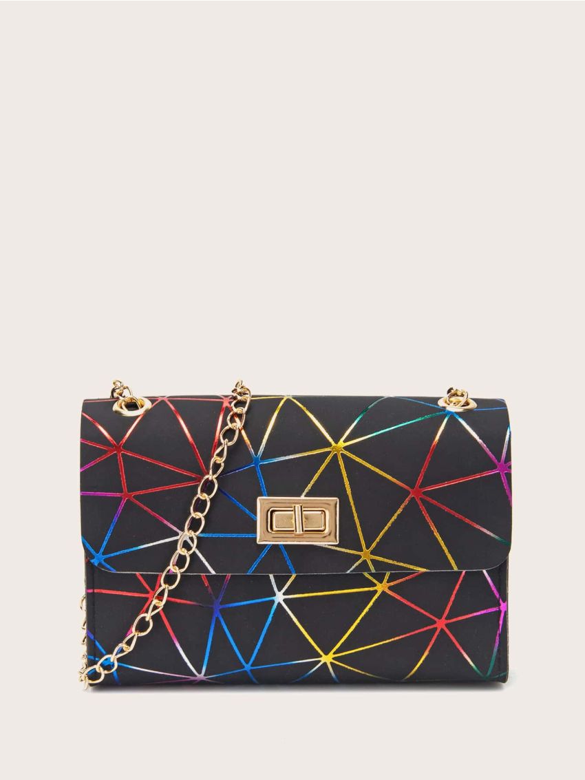 Geometric Graphic Turn-lock Flap Shoulder Bag