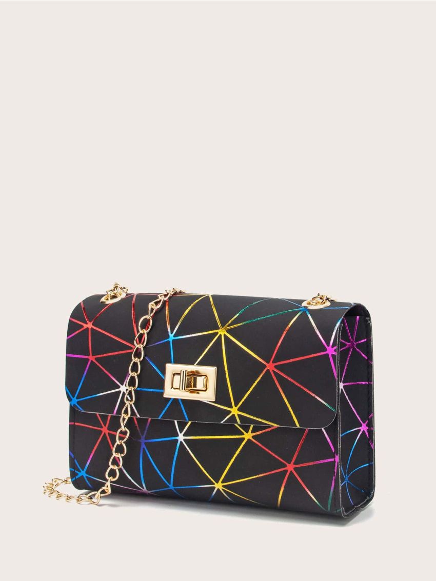 Geometric Graphic Turn-lock Flap Shoulder Bag