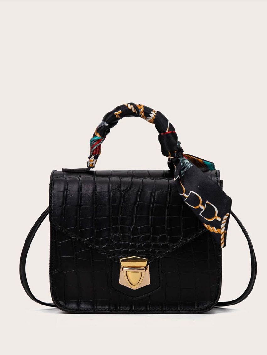 Twilly Scarf Decor Croc Embossed Satchel Bag
