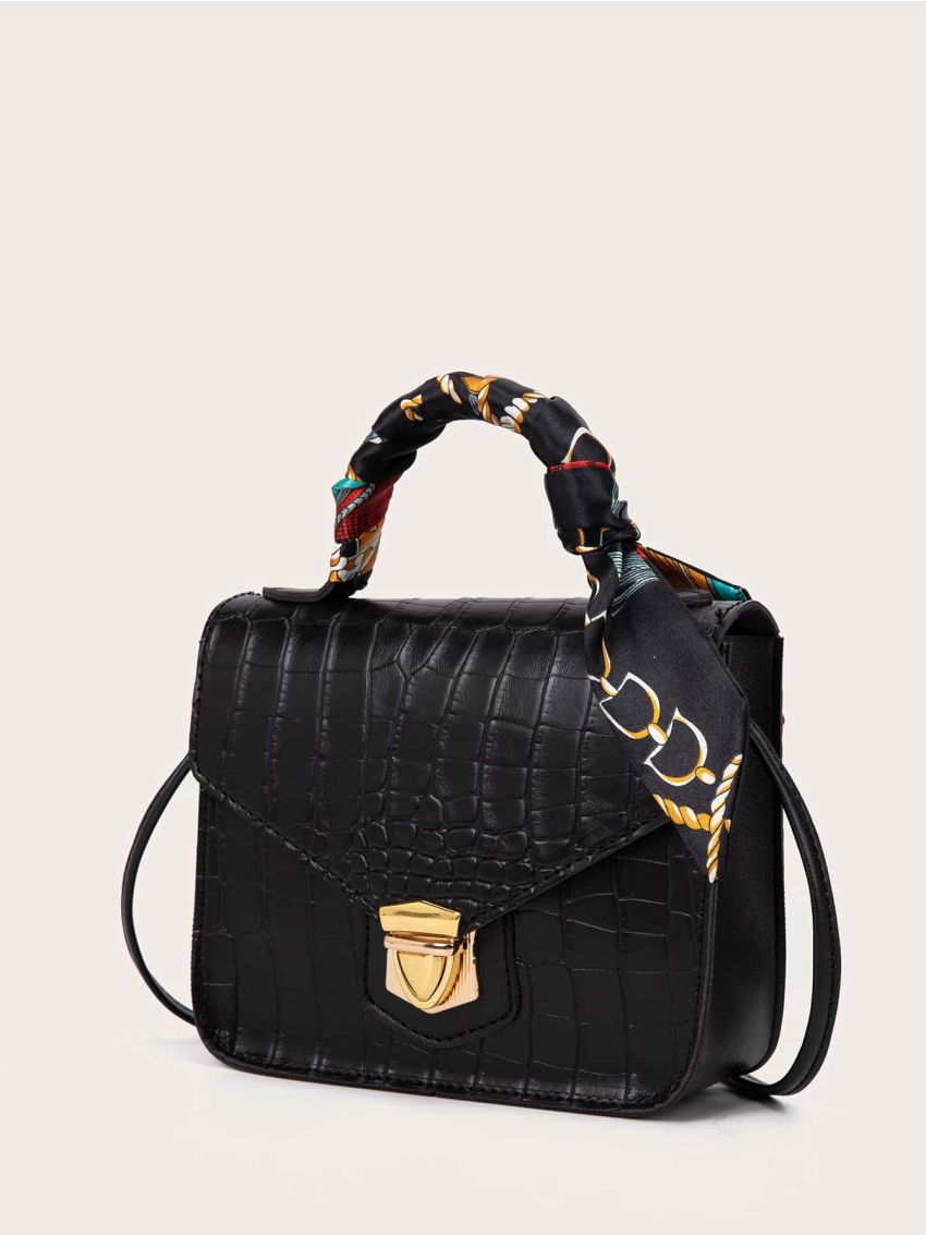 Twilly Scarf Decor Croc Embossed Satchel Bag