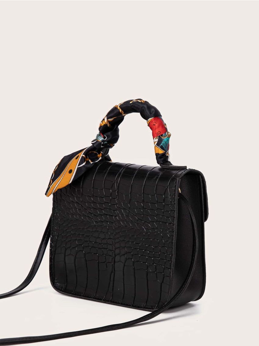 Twilly Scarf Decor Croc Embossed Satchel Bag