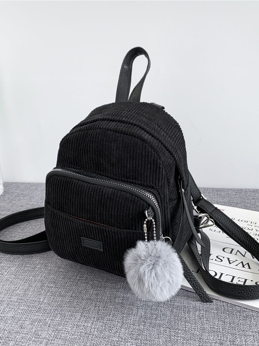 Mini Pom Pom Decor Corduroy Backpack