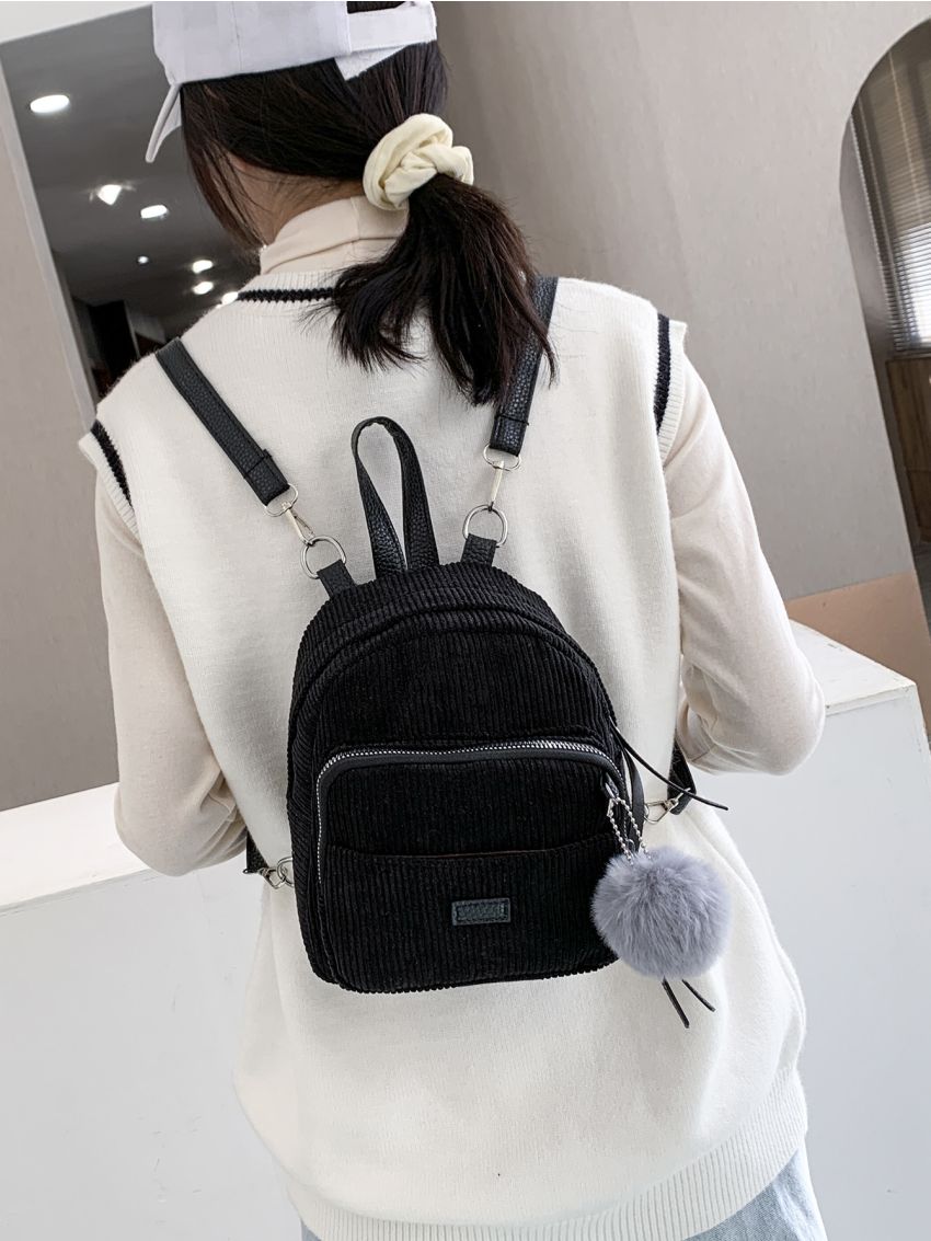 Mini Pom Pom Decor Corduroy Backpack