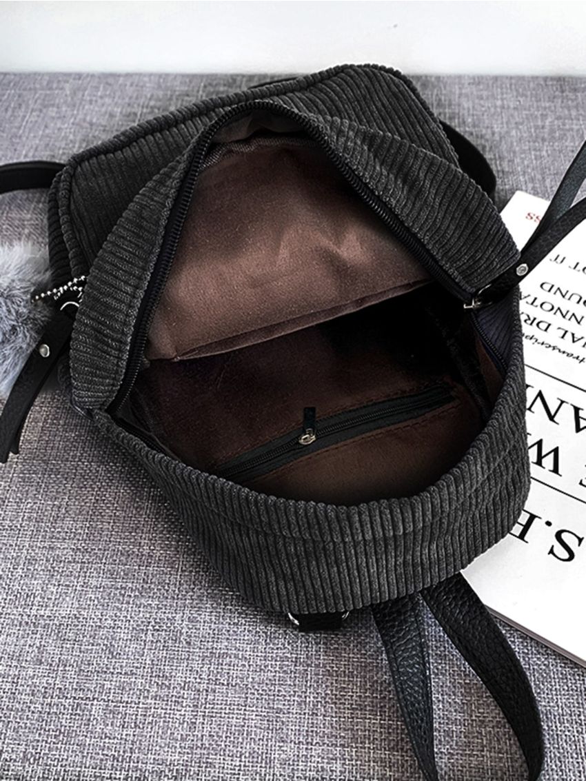 Mini Pom Pom Decor Corduroy Backpack