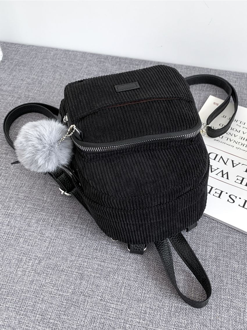 Mini Pom Pom Decor Corduroy Backpack