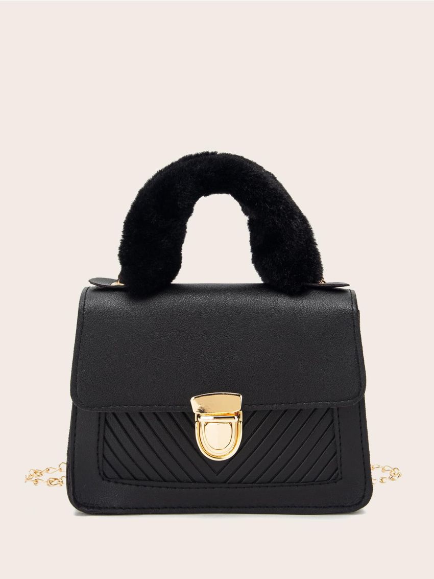 Chevron Push Lock Fluffy Handle Chain Bag
