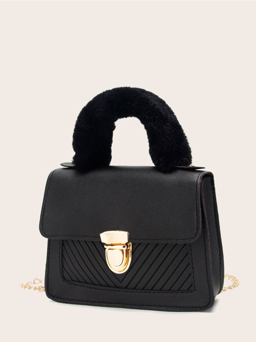 Chevron Push Lock Fluffy Handle Chain Bag