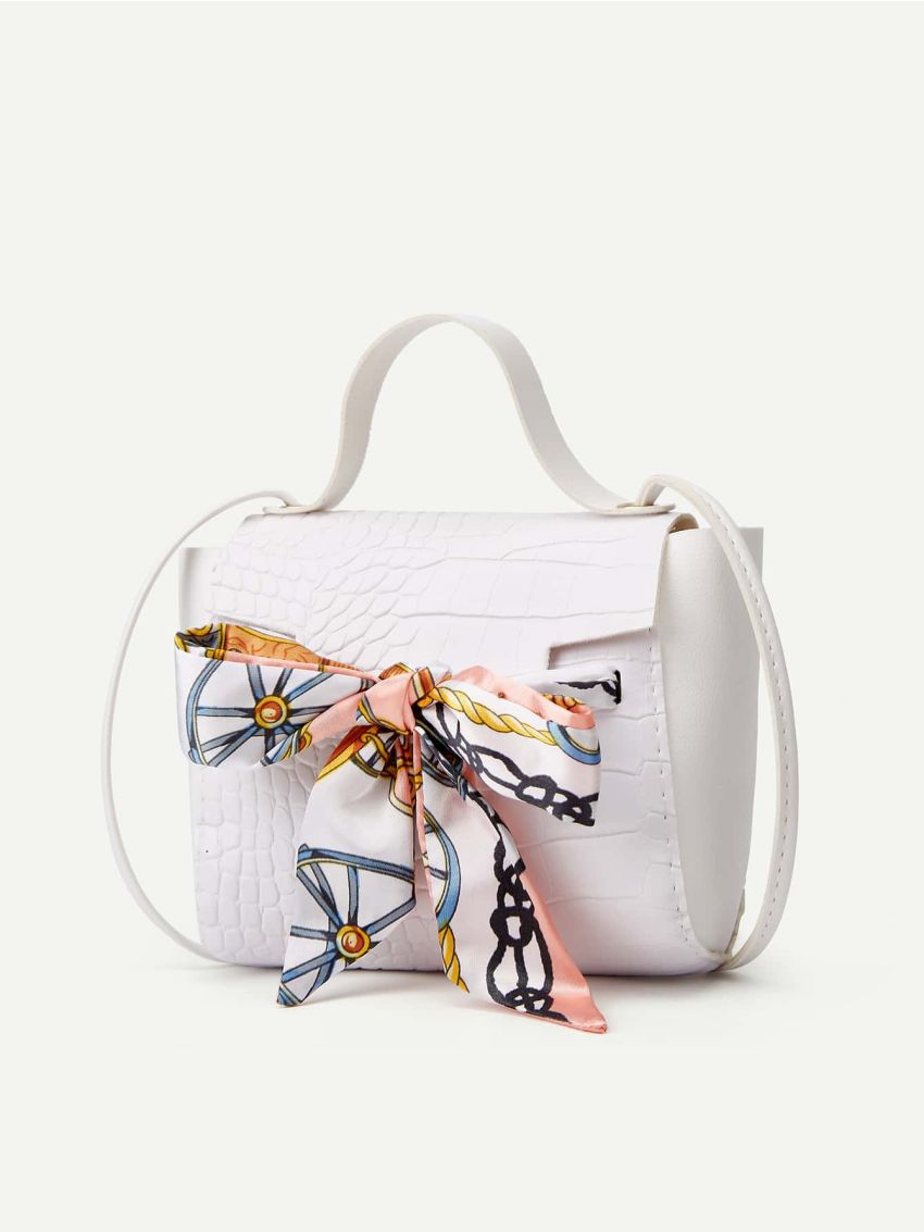 Mini Bow Decor Croc Embossed Satchel Bag