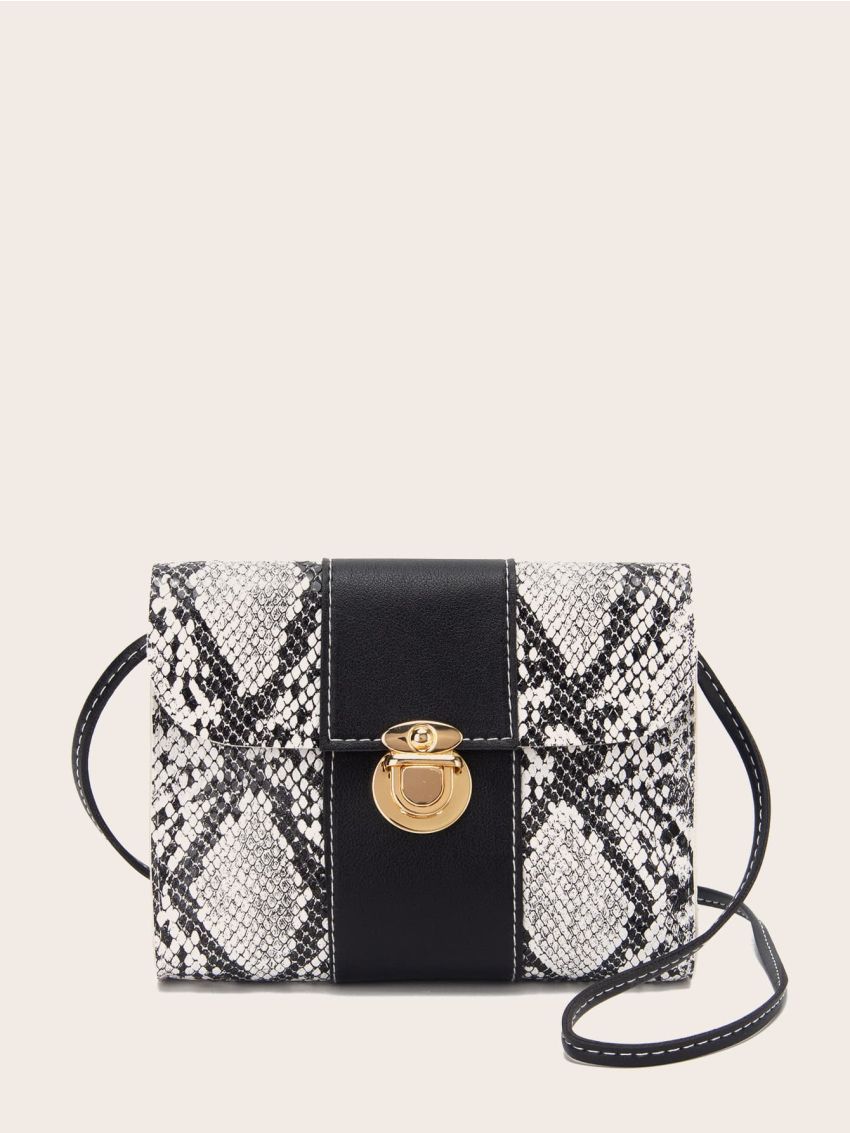 Snakeskin Print Push Lock Flap Crossbody Bag