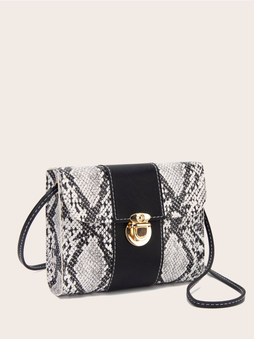 Snakeskin Print Push Lock Flap Crossbody Bag
