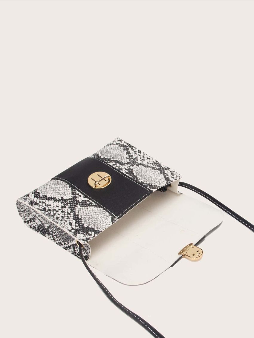 Snakeskin Print Push Lock Flap Crossbody Bag