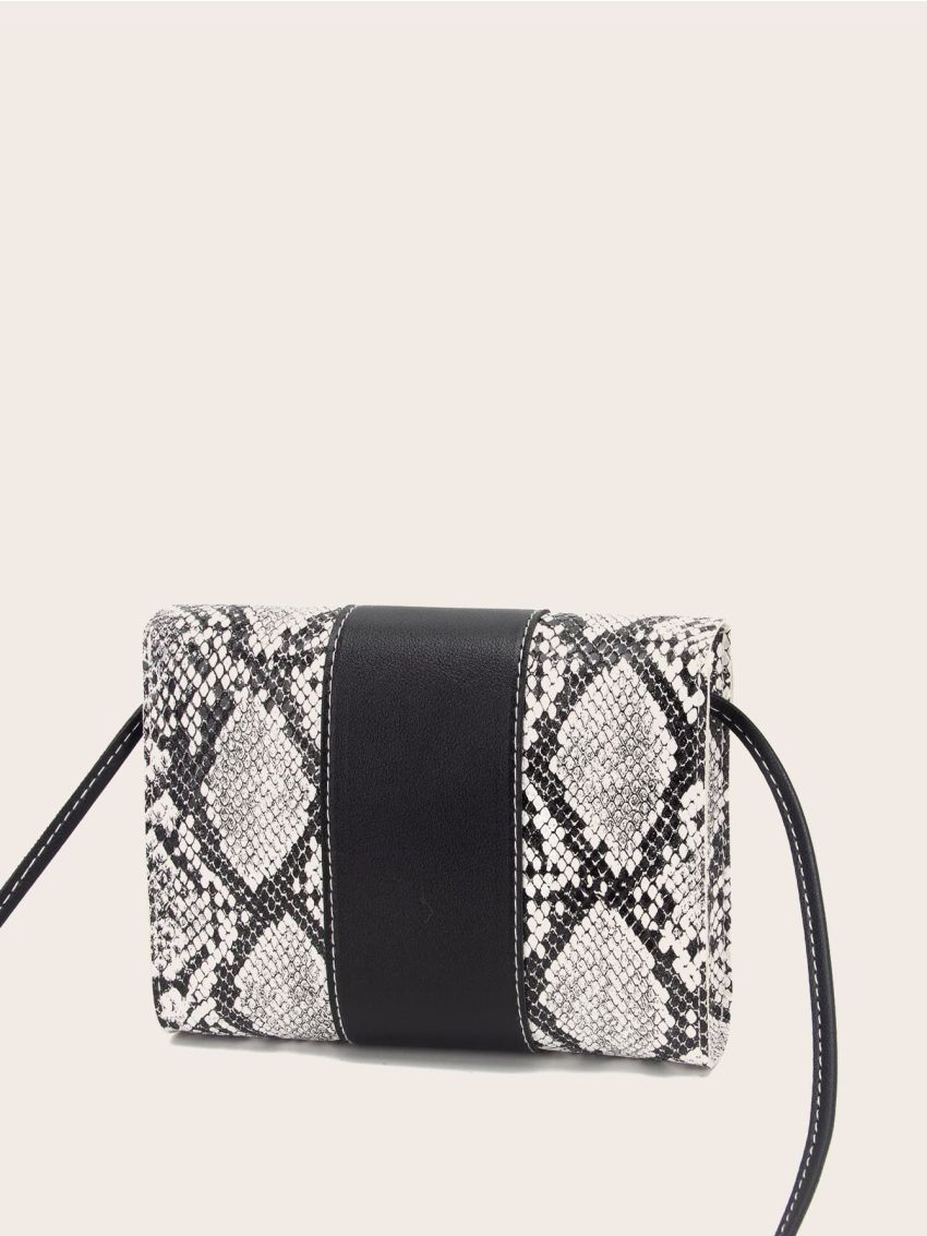 Snakeskin Print Push Lock Flap Crossbody Bag
