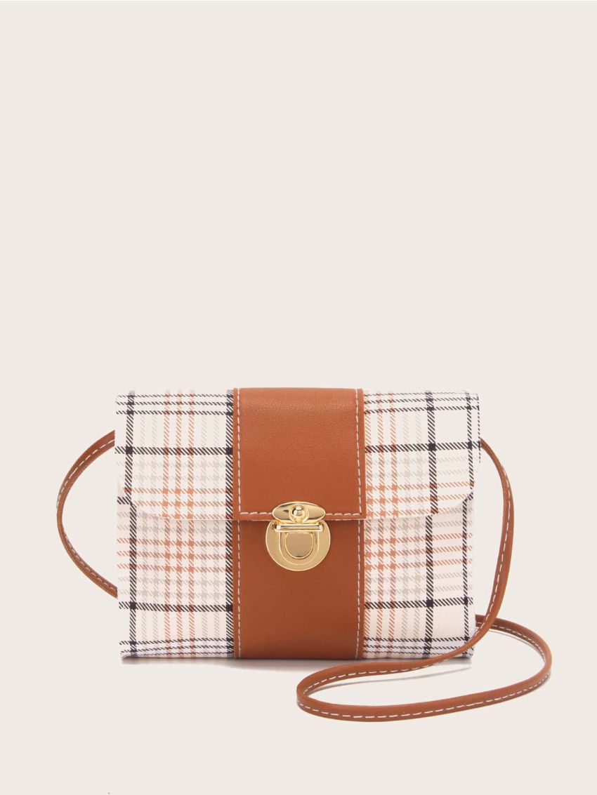 Plaid Pattern Push Lock Flap Crossbody Bag