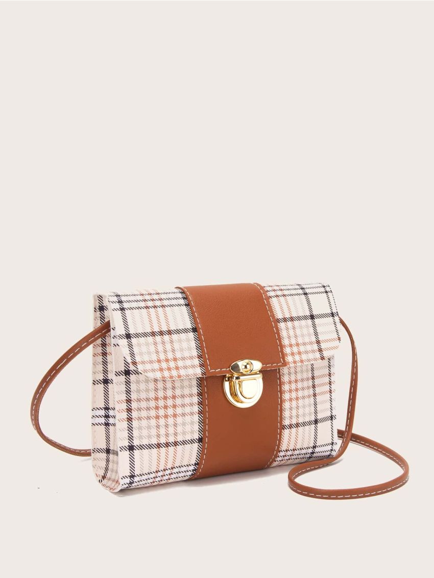 Plaid Pattern Push Lock Flap Crossbody Bag