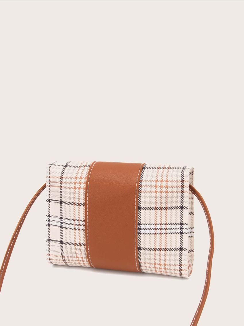 Plaid Pattern Push Lock Flap Crossbody Bag