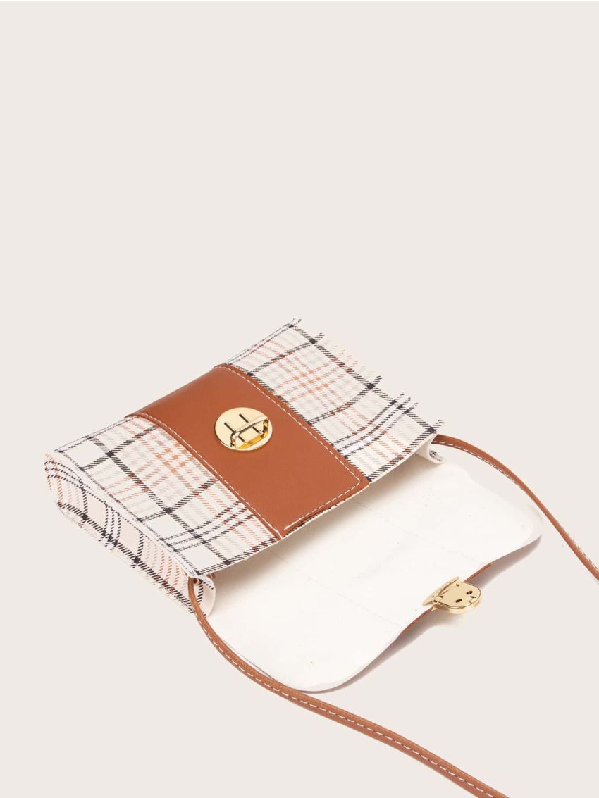 Plaid Pattern Push Lock Flap Crossbody Bag