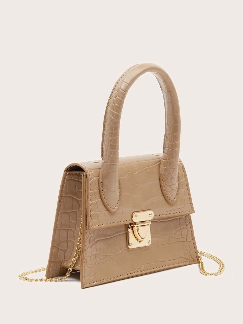 Mini Push Lock Croc Embossed Chain Satchel Bag