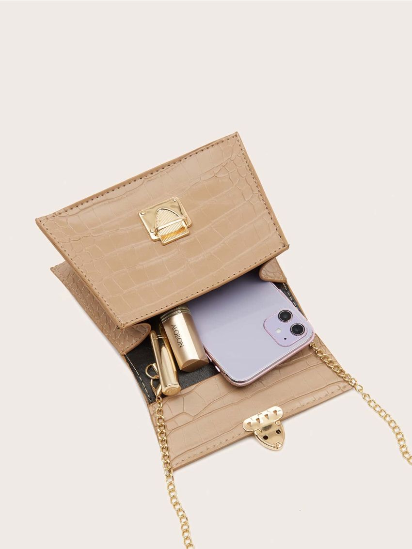 Mini Push Lock Croc Embossed Chain Satchel Bag