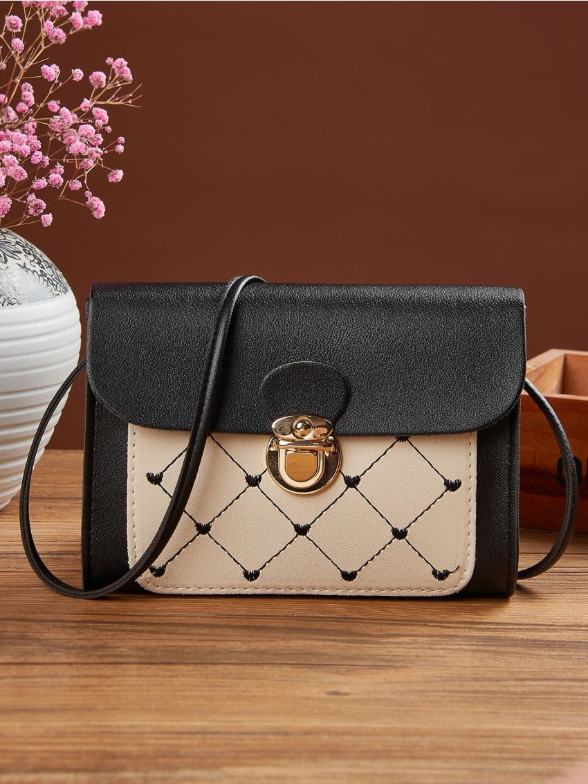 Mini Heart Embroidered Push Lock Flap Crossbody Bag