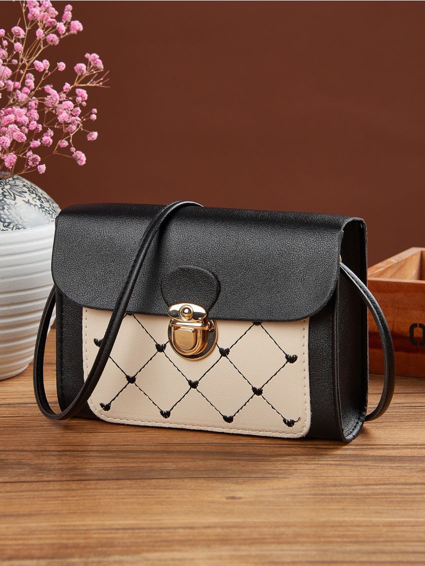 Mini Heart Embroidered Push Lock Flap Crossbody Bag