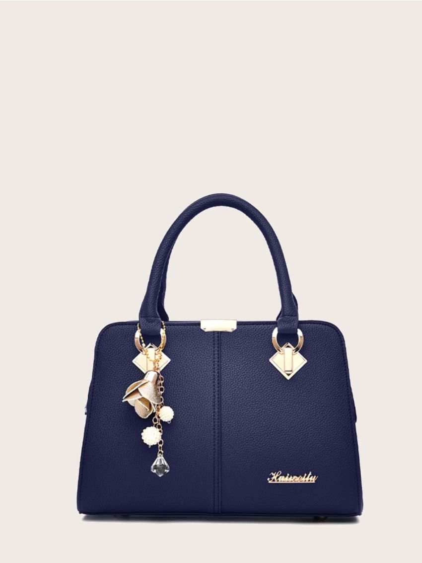 Metal Letter Detail Tote Bag With Bag Charm