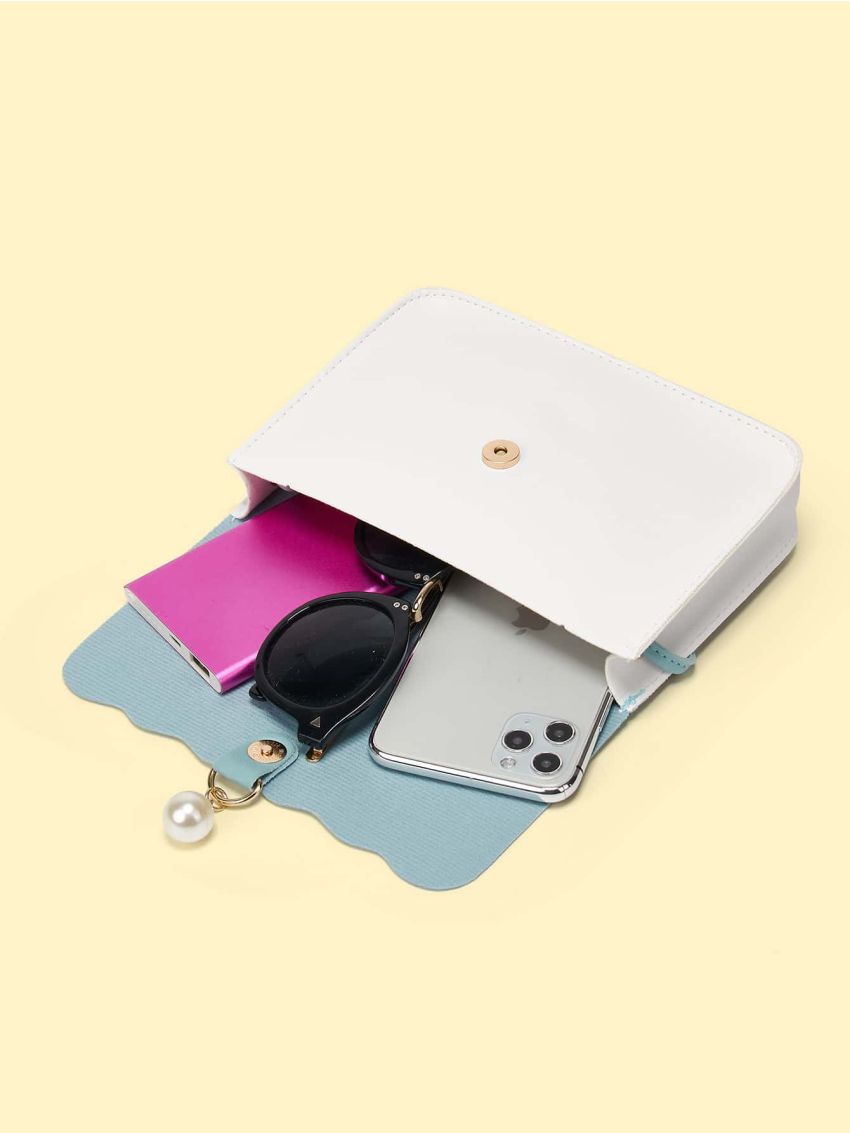 Mini Faux Pearl Decor Scallop Trim Crossbody Bag