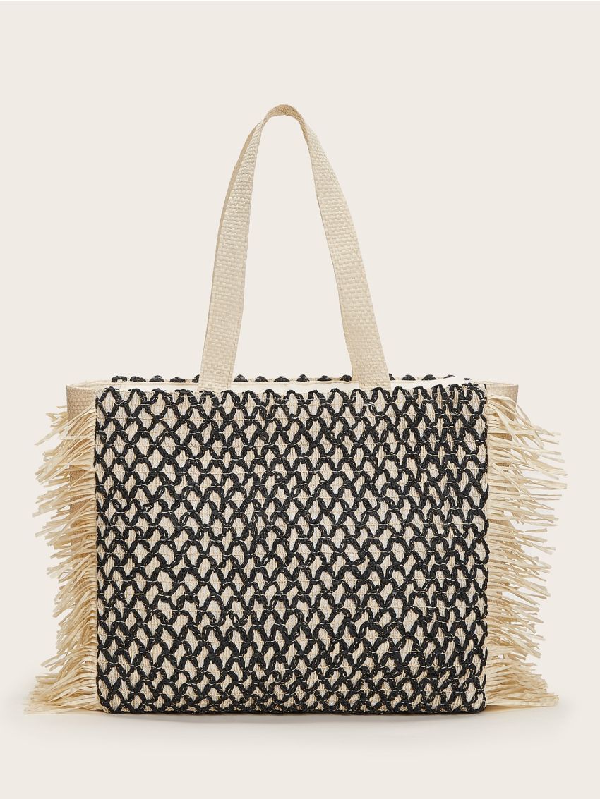 Fringe Trim Woven Tote Bag