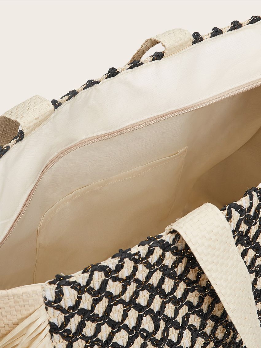 Fringe Trim Woven Tote Bag