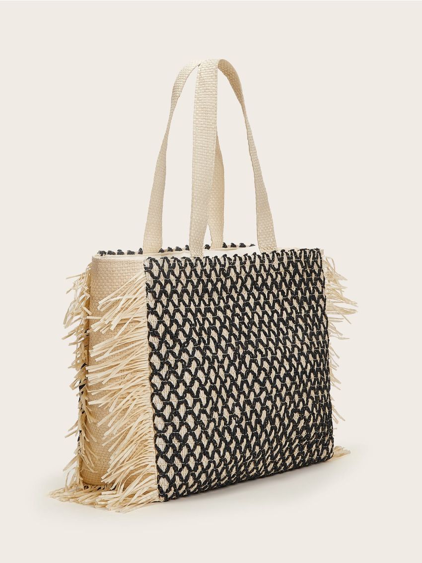 Fringe Trim Woven Tote Bag