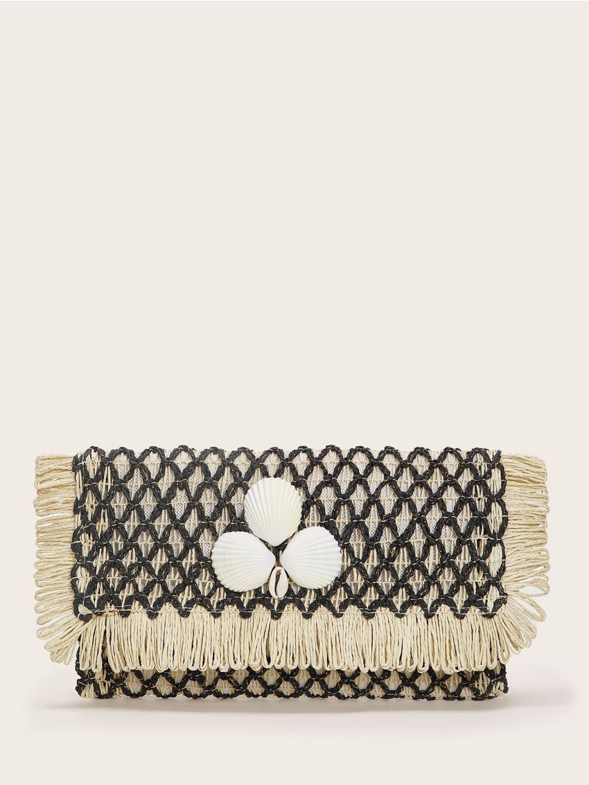 Shell Decor Braided Clutch Bag