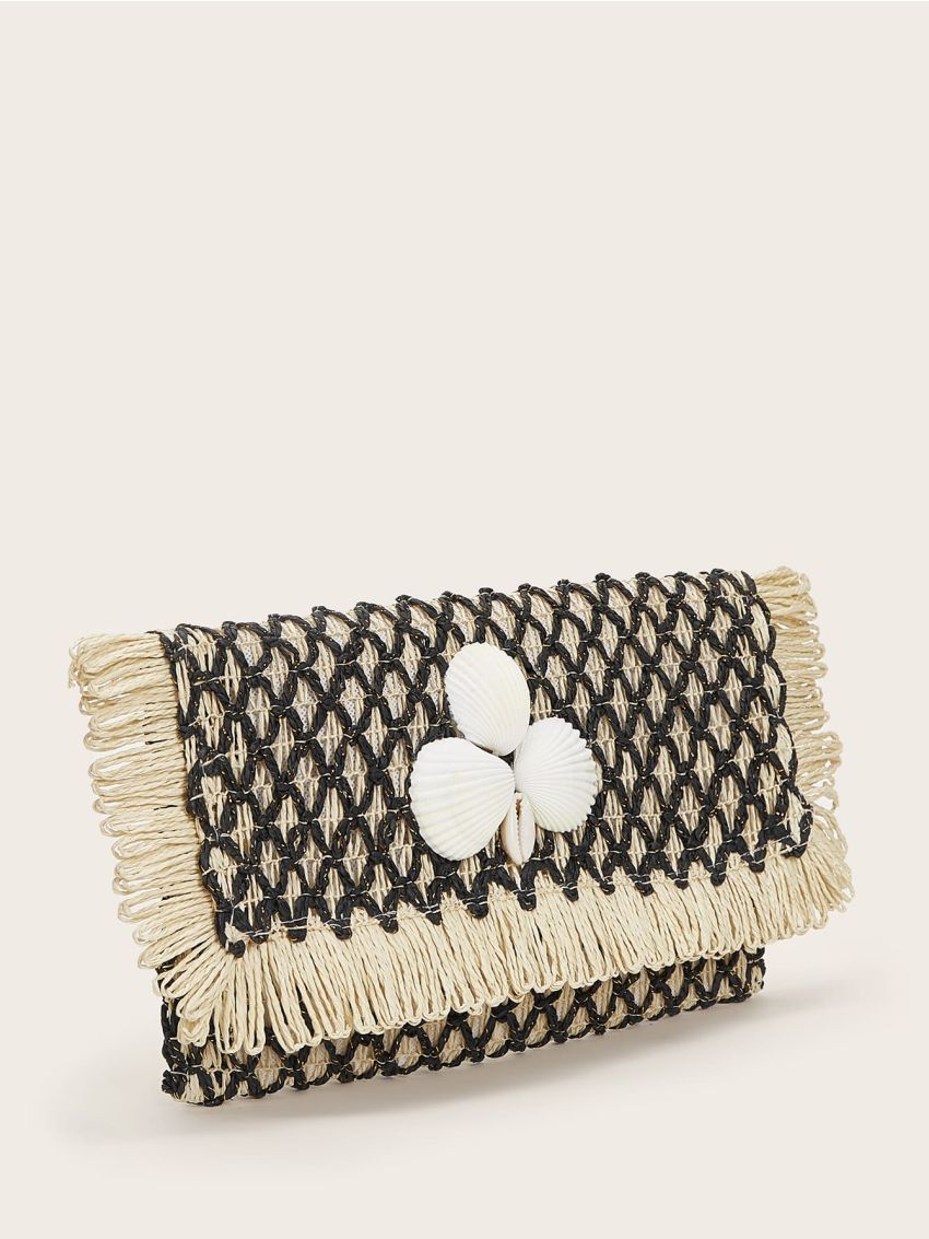 Shell Decor Braided Clutch Bag