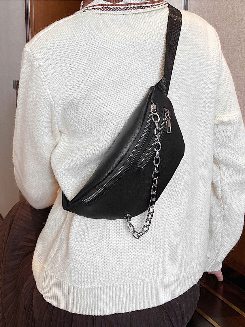 Chain Decor Double Zip Front Fanny Pack