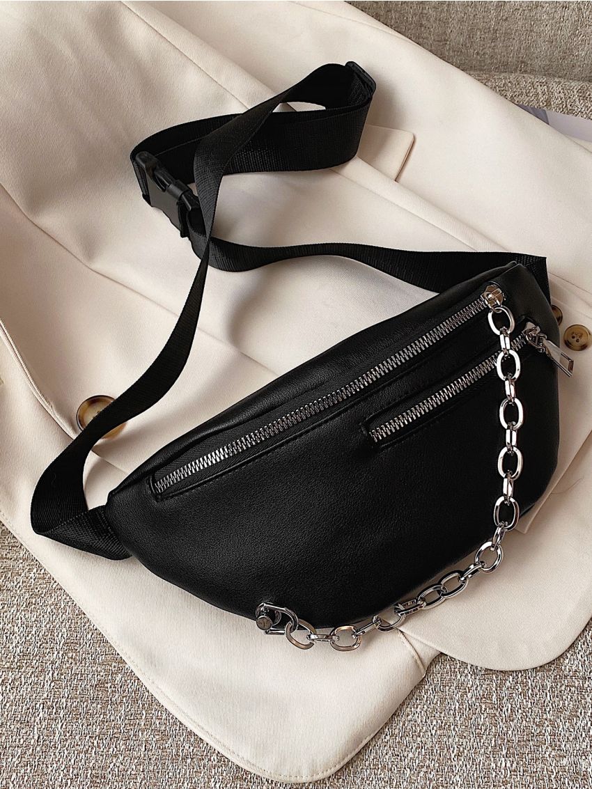 Chain Decor Double Zip Front Fanny Pack