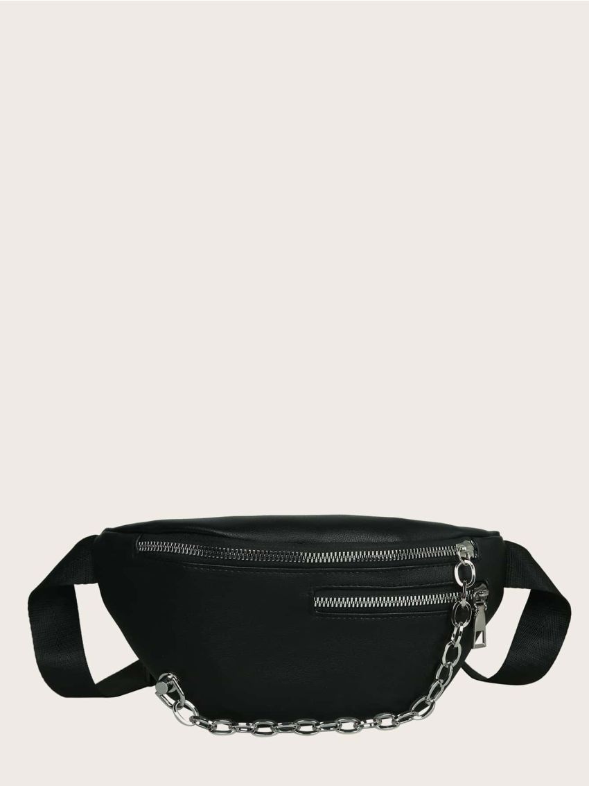 Chain Decor Double Zip Front Fanny Pack