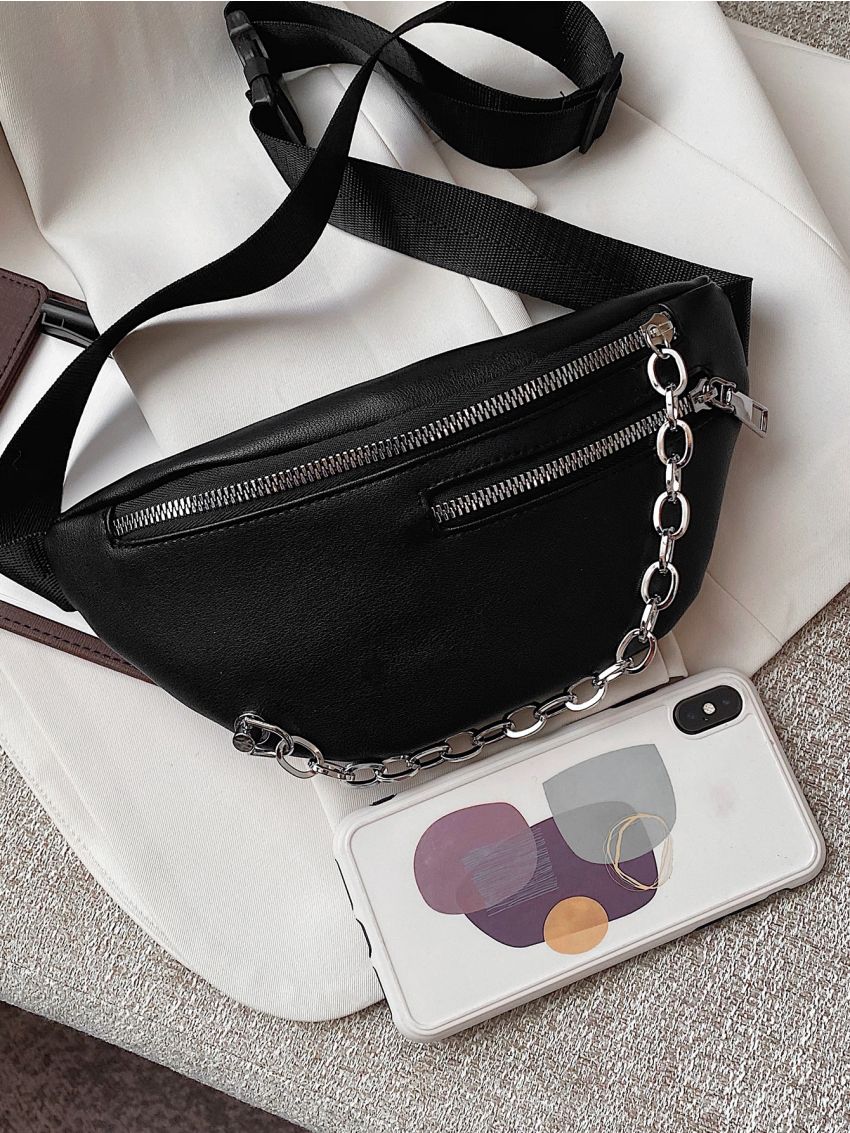 Chain Decor Double Zip Front Fanny Pack